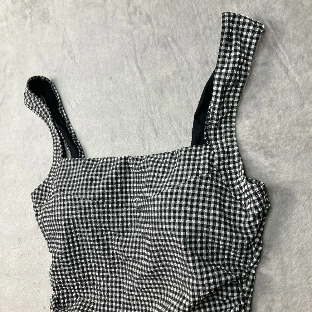 J Crew Nia Gingham Ruched Squareneck One-Piece Swimsuit Womens 10 Black & White